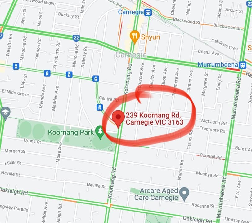 Map showing the location of the new office for Independent Rehabilitation Services at 239 Koornang Road, Carnegie Victoria 3163
